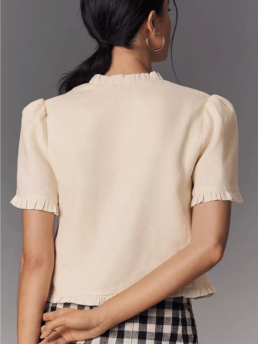 Reformation Cream Ruffle-Trim Short Sleeve V-Neck Blouse